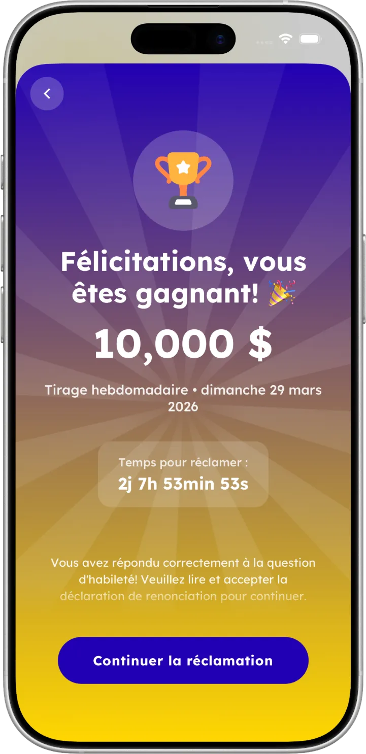 Écran gagnant de l'application Lodavo