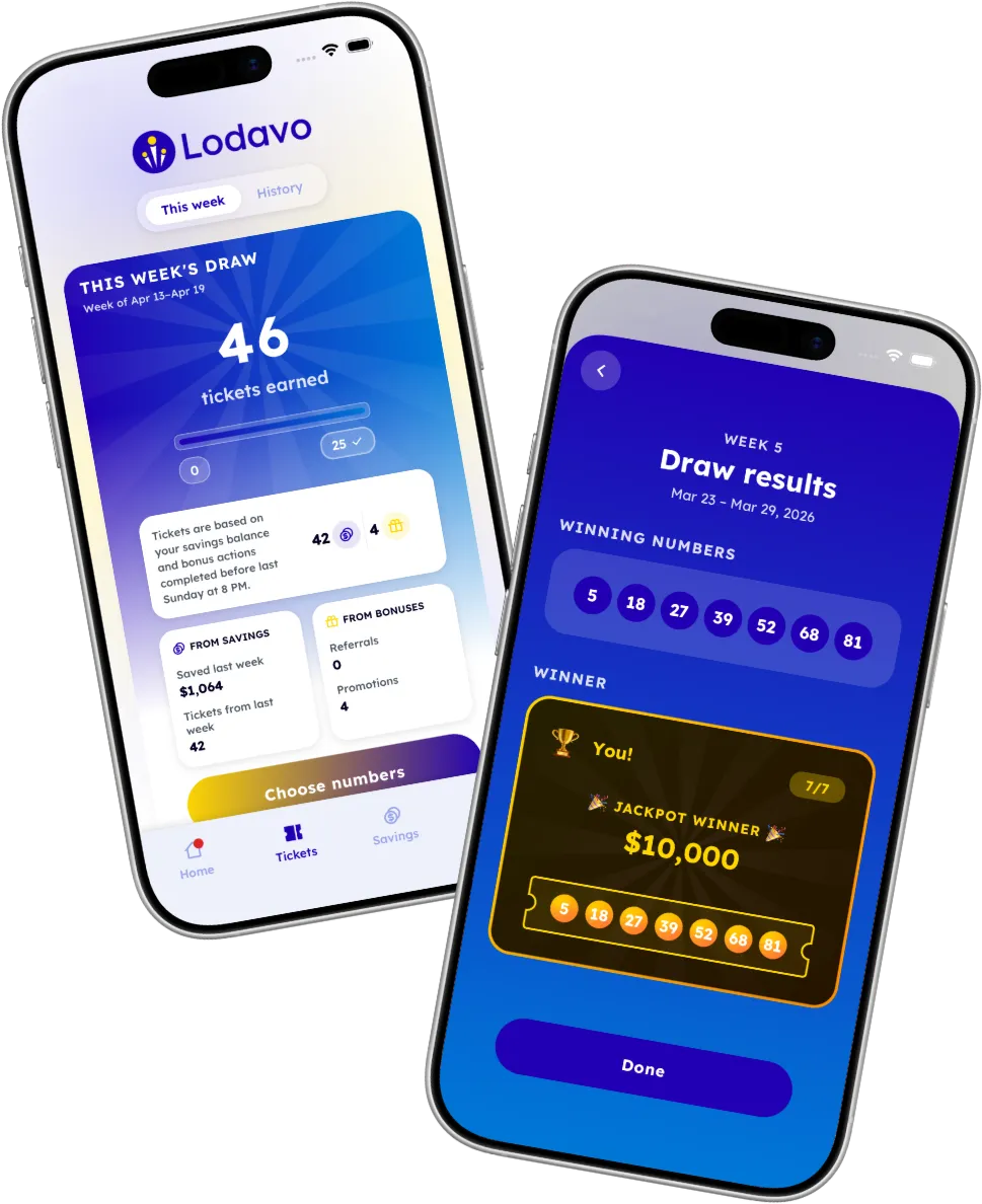 Lodavo app tickets and draw results screens
