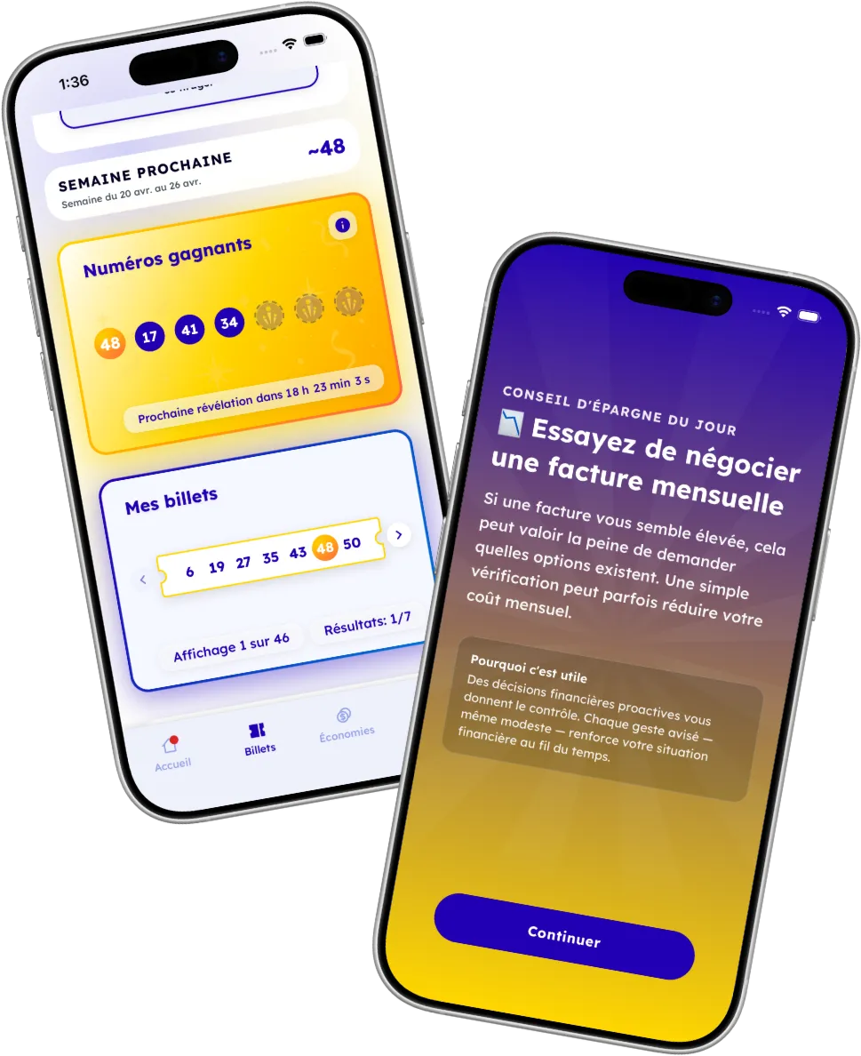 Écrans de billets et conseils d'économies de l'application Lodavo
