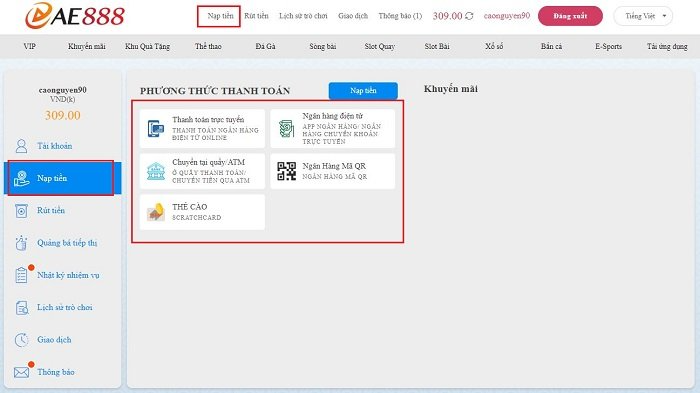 Nhà cái AE888 cung cấp nhiều phương thức để thành viên nạp tiền vào tài khoản cá cược của mình