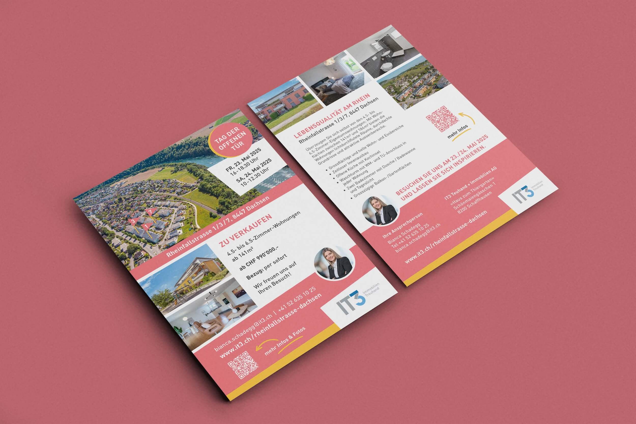 IT3 Verkaufsobjekt «Rheinfallstrasse» – Grafik, Dokumentationen, Inserate und Bautafel sowie Screendesign von SCHLEGEL DESIGN: Larissa Schlegel liebt es, deine Botschaft mit Illustrationen, Visualisierungen und frischem Grafik- und Webdesign auf das nächste Level zu bringen.