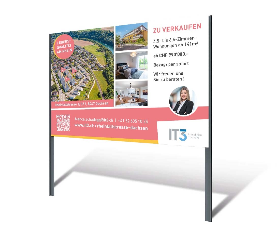 IT3 Verkaufsobjekt «Rheinfallstrasse» – Grafik, Dokumentationen, Inserate und Bautafel sowie Screendesign von SCHLEGEL DESIGN: Larissa Schlegel liebt es, deine Botschaft mit Illustrationen, Visualisierungen und frischem Grafik- und Webdesign auf das nächste Level zu bringen.