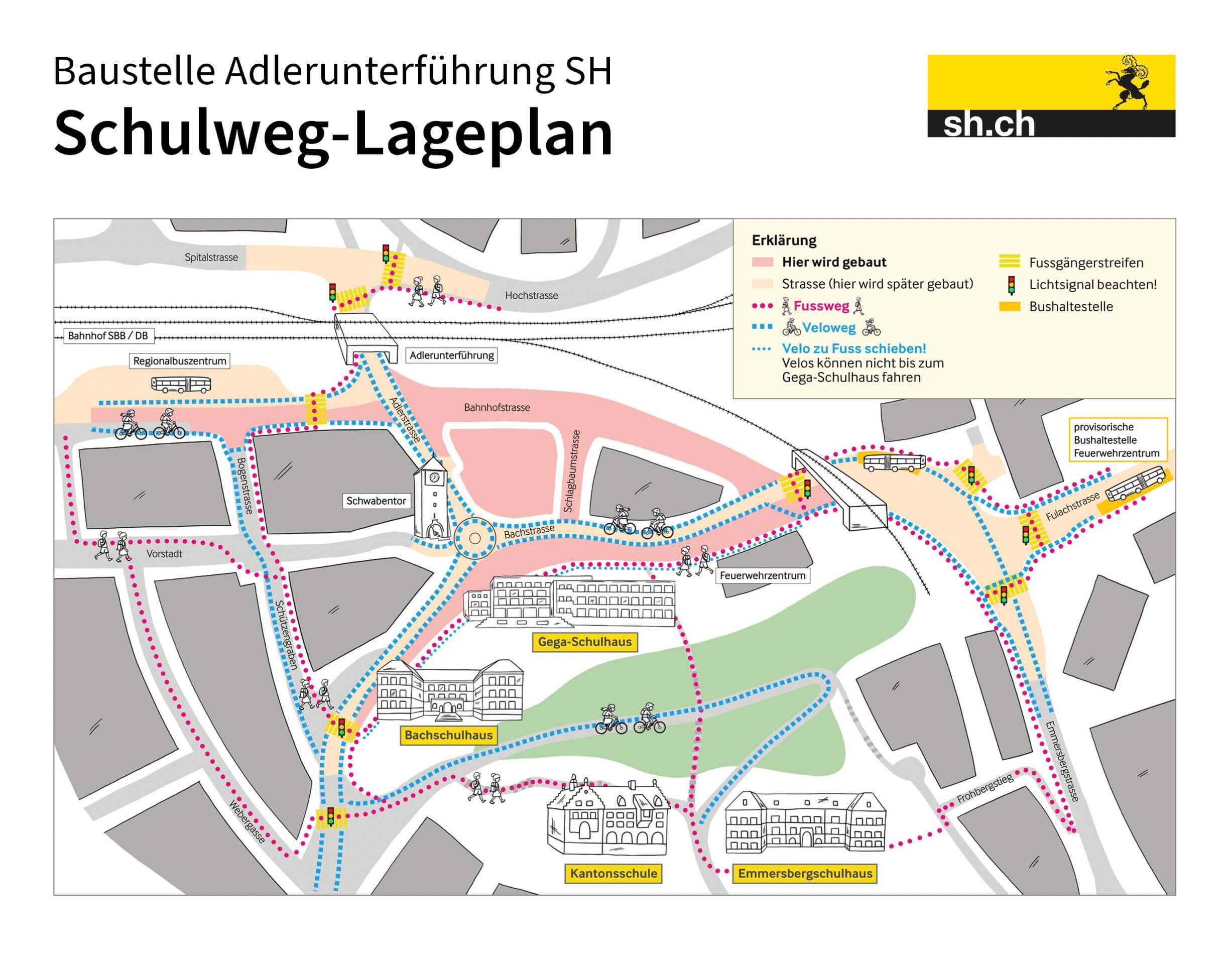 Schulweg-Lageplan Baustelle Adlerunterführung für schmizz von SCHLEGEL DESIGN: Larissa Schlegel liebt es, deine Botschaft mit Illustrationen, Visualisierungen und frischem Grafik- und Webdesign auf das nächste Level zu bringen.