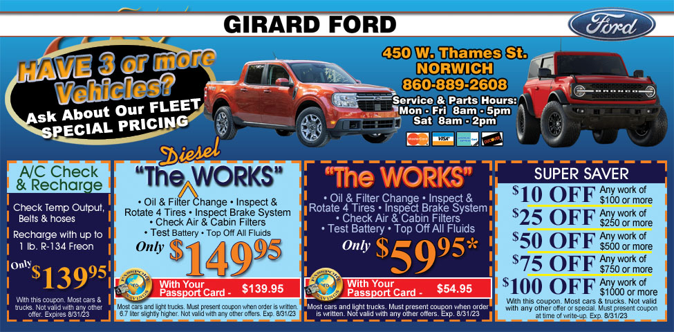 This ad for Girard Ford in Norwich, CT. has coupons for "The Works" oil change, "The Works Diesel" oil change, an AC recharge, and $10 off, $25 off, $50 off, $75 off and $100 off any repair service.
