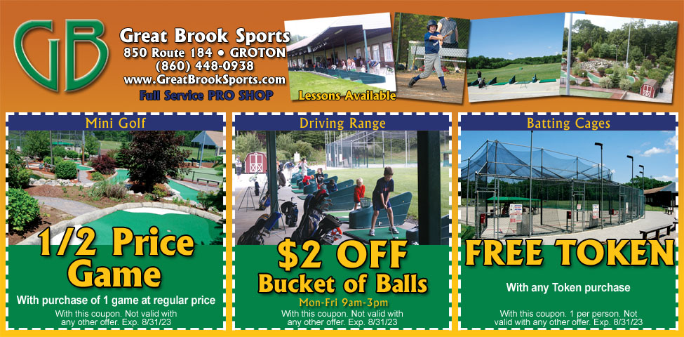 This ad for Great Brook Golf in Groton, CT. has coupons for a 1/2 price game of mini golf, $2 off bucket of balls at driving range, and a free token for the batting cages.