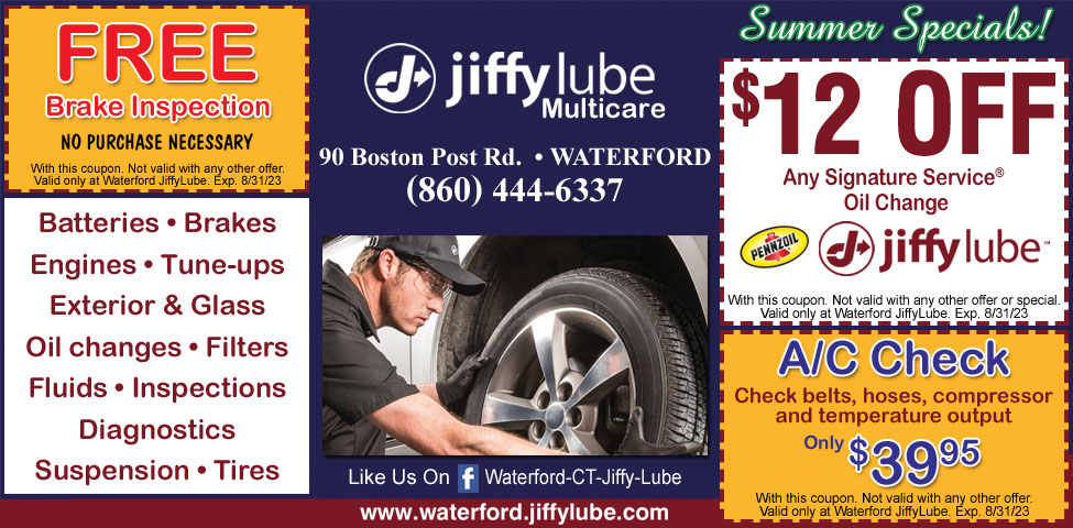 This ad for Jiffylube in Waterford, CT. has coupons for $12 off oil change, AC check only $39.95 and a Free brake inspection. Jiffylube also does tune-ups, brakes, inspections and more.