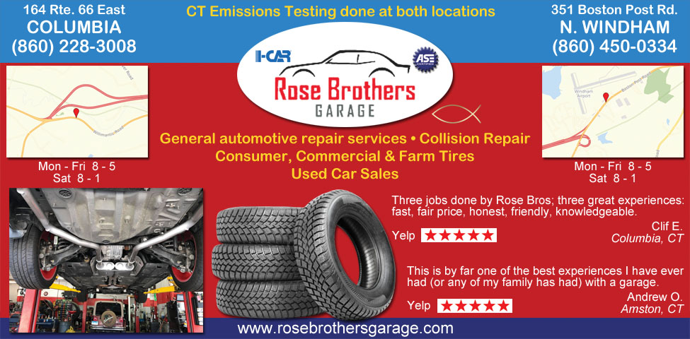 This ad for Rose Brothers Garage in No. Windham and Columbia, CT. has information about automotive repair, collision repair, emission testing, and used car sales. 