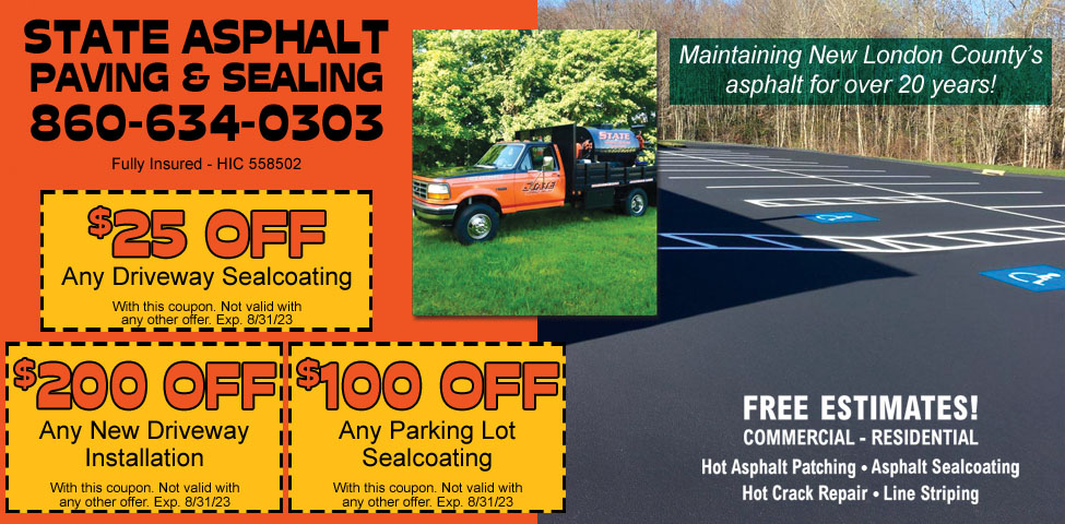 This ad for State Asphalt Paving & Sealing in CT. has coupons for $25 off, Driveway sealcoating, $100 off Parking lot sealcoating, and $200 off New driveway installation.