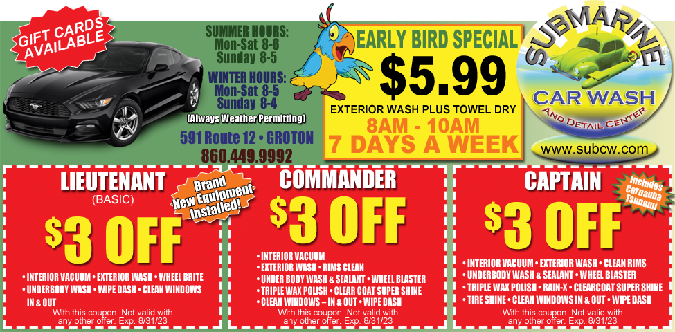 This ad for Submarine Car Wash in Groton, CT. has coupons for $3 off, Lieutenant, Commander, and Captain car washes. Also offering Full service detailing.