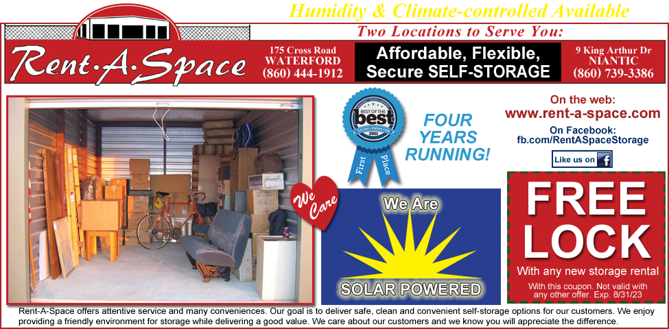 This ad for Rent-A-Space in Waterford and East Lyme, CT. has a coupon for a Free Lock. Affordable, flexible, secure self-storage. Humidity & climate-controlled units available.