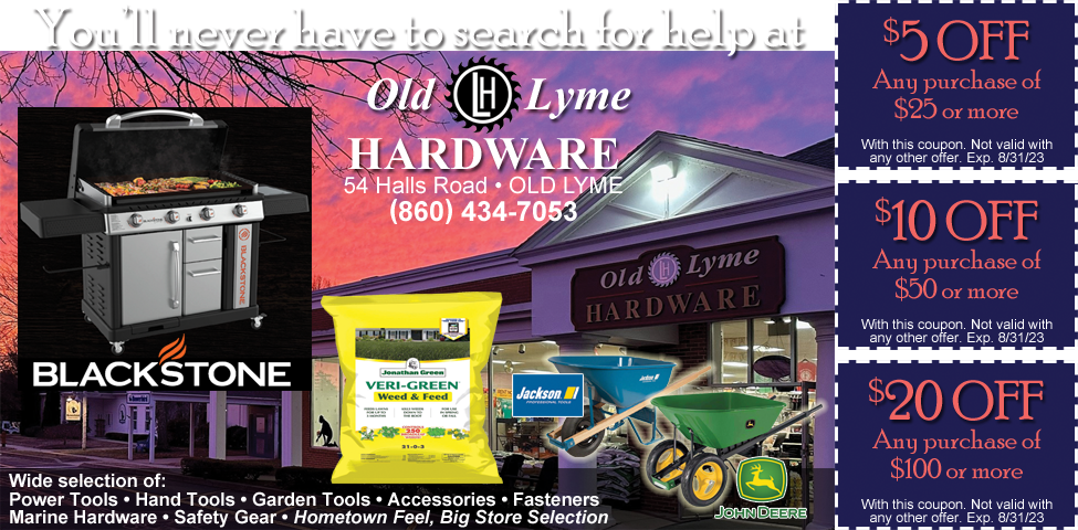 This ad for Old Lyme Hardware in Old Lyme, CT.  has $5 off, $10 off and $20 coupons. We're a full service hardware store where you'll never have to search for help.
