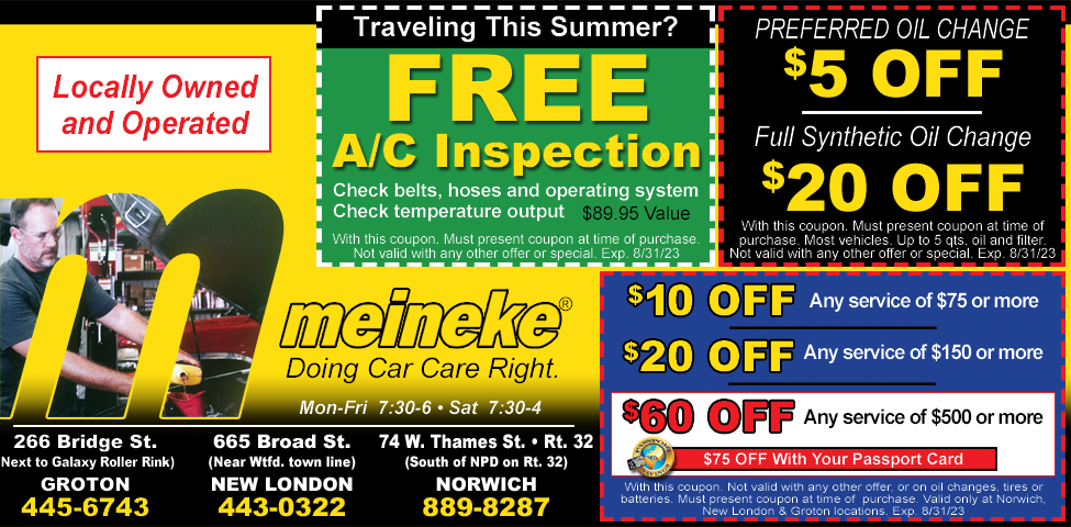 This ad for Meineke in Groton, New London & Norwich, CT. has an oil change coupon, an air conditioning coupon and coupons for $10 off, $20 off  and $60 off. They offer complete automotive service.