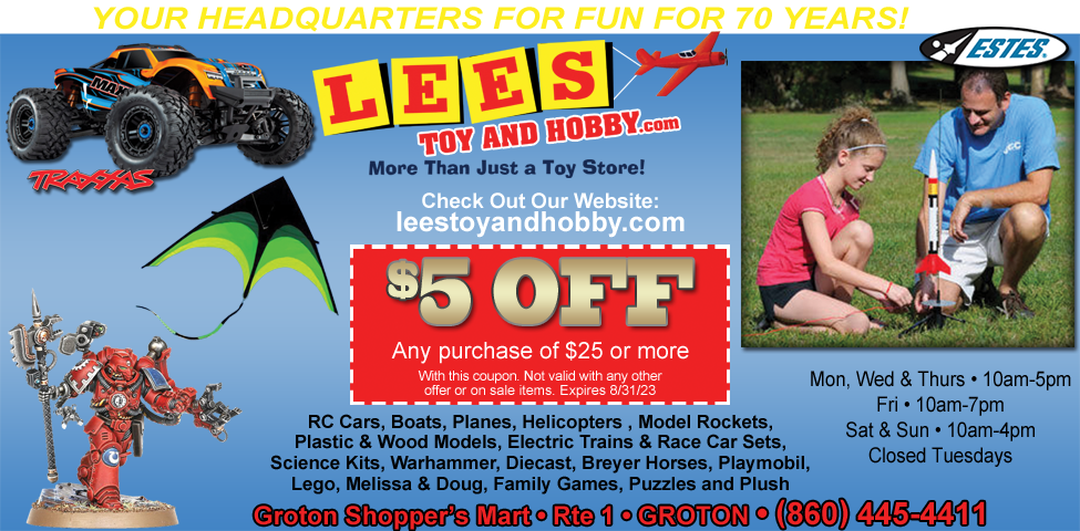 This ad for Lee's Toy & Hobby in Groton, CT. has a $5 off coupon. Lee's features a huge assortment of RC vehicles, models, puzzles, games and much more.