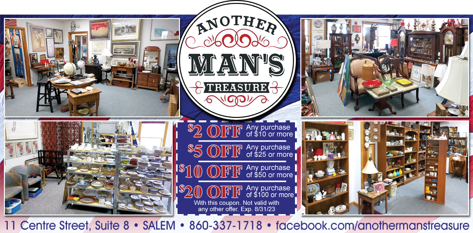 This ad for Another Man's Treasure in Salem, CT. has $2 off, $5 off, $10 off and $20 coupons. They feature antiques, furniture, collectibles and more.
