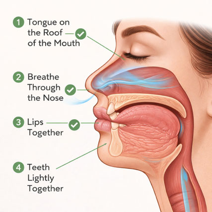 Diagram of tongue posture, nasal breathing and lip position for myofunctional therapy