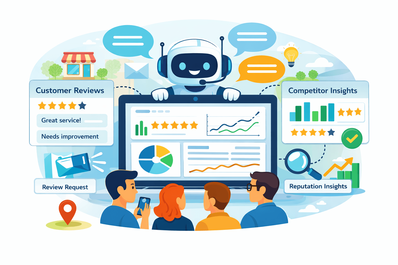 AI assistant, customer reviews, competitor insights, reputation analytics, and a local business team using review data to improve trust and growth