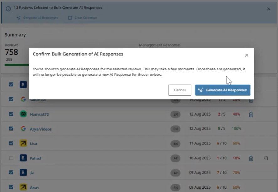 ReviewPro dashboard modal confirming bulk AI generation of review responses.