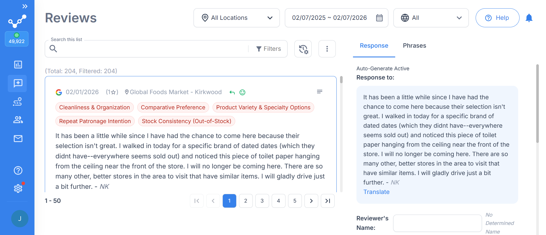RightResponse AI reviews dashboard showing generated response text beside a customer review.