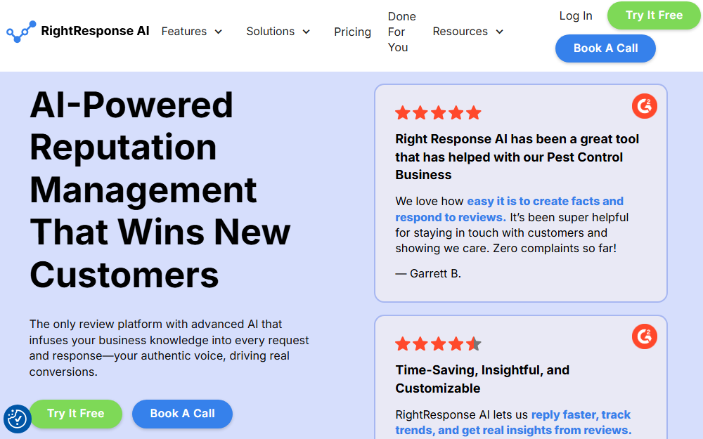 RightResponse AI platform overview showing review management features.