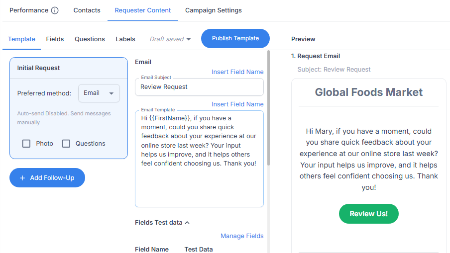 RightResponse AI review collection screen showing personalized request options.