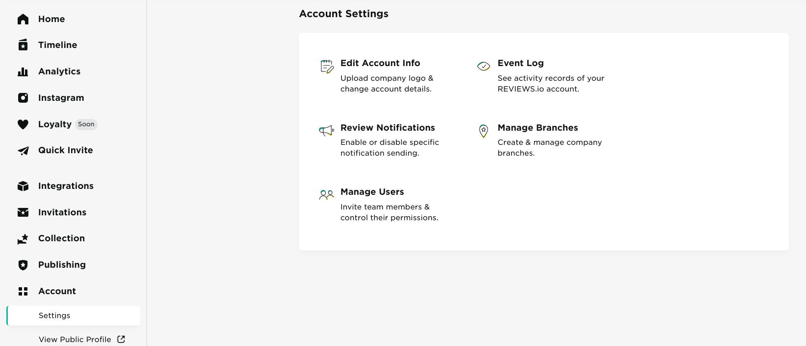 REVIEWS.io Account Settings screen with controls for account details, event logs, notifications, branches, and users.