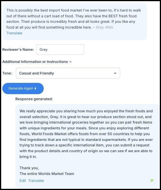 REVIEWS.io response generator showing a grocery market review, reviewer name, tone selector, and generated response.