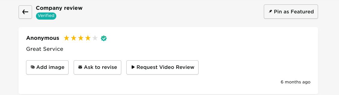 REVIEWS.io company review screen with a four-star review and options to add an image, request a revision, or request a video review.