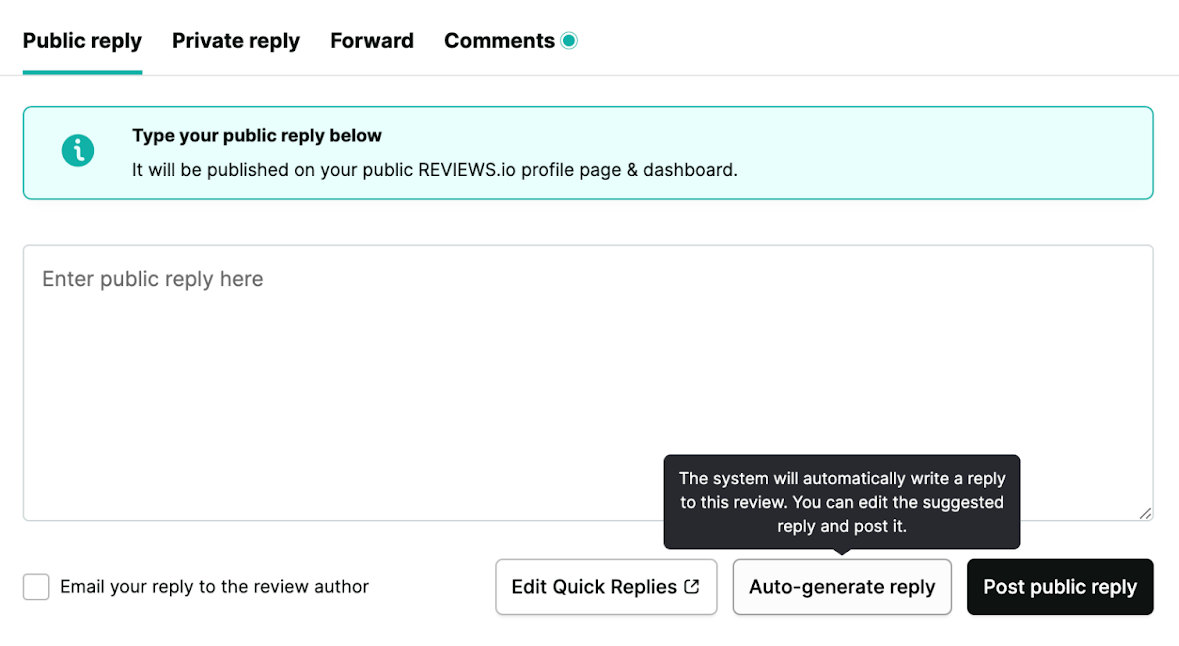 REVIEWS.io public reply editor with quick replies, auto-generate reply, and post public reply controls.