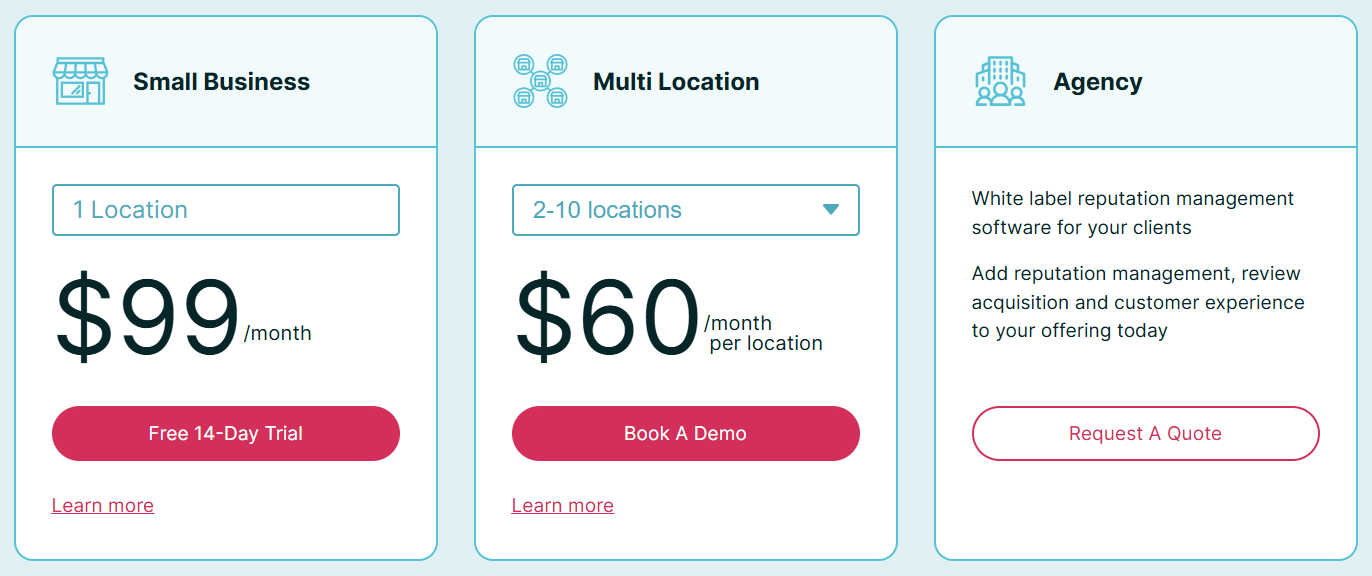 GatherUp pricing cards showing Small Business at $99 monthly, Multi Location at $60 per location monthly, and Agency pricing by quote.