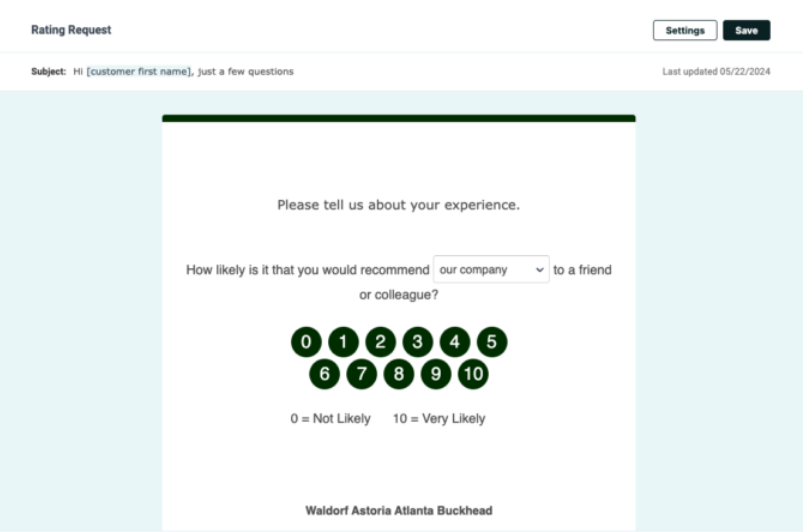 GatherUp Rating Request editor showing a personalized subject line and a 0–10 recommendation scale for Waldorf Astoria Atlanta Buckhead.