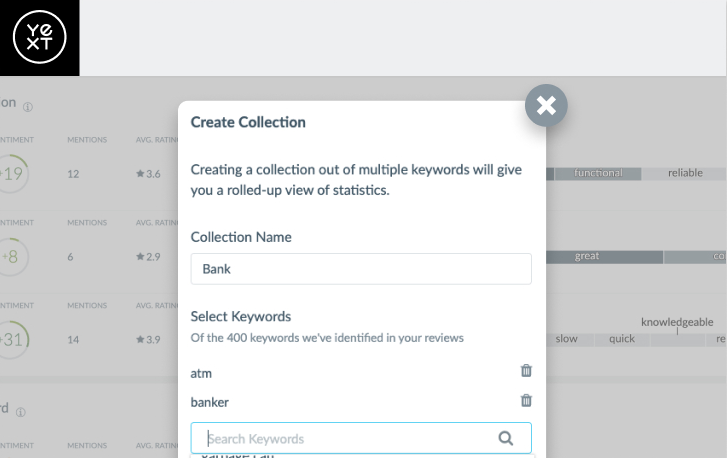 Yext Create Collection dialog named Bank, with selected review keywords “atm” and “banker” and a field for searching additional keywords.