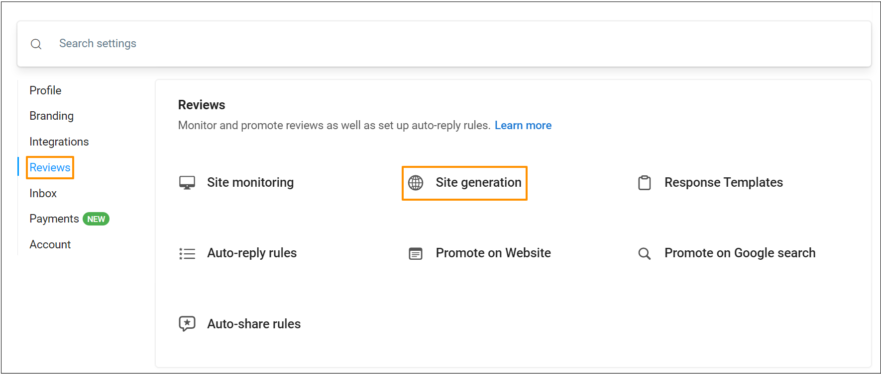 Reviews settings screen listing site monitoring, site generation, response templates, auto-reply rules, website promotion, Google promotion, and auto-share rules.