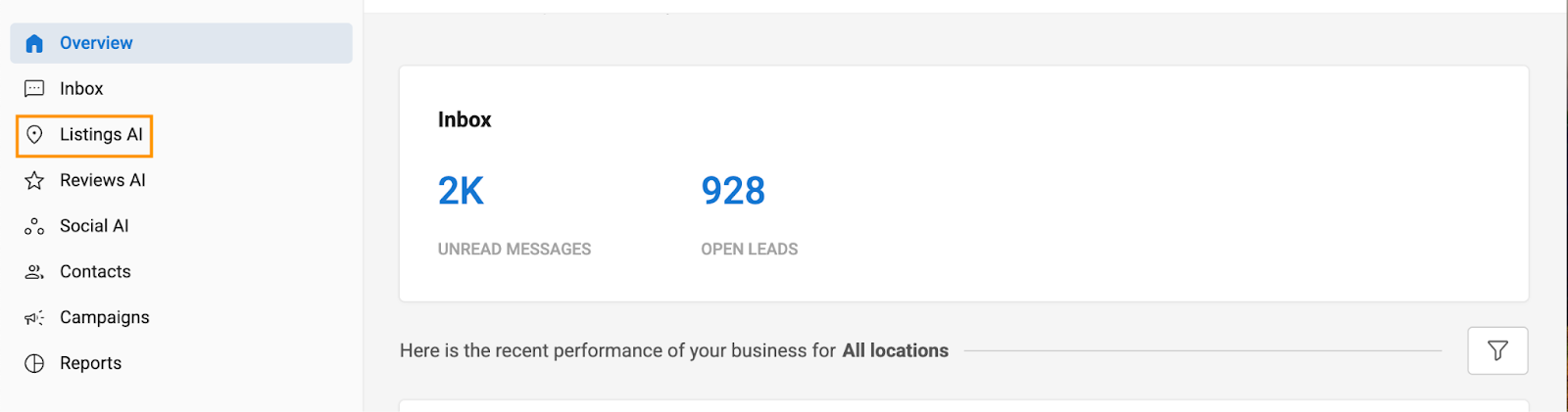 Business dashboard with Listings AI highlighted beside Inbox, Reviews AI, Social AI, Contacts, Campaigns, Reports, and an overview panel.