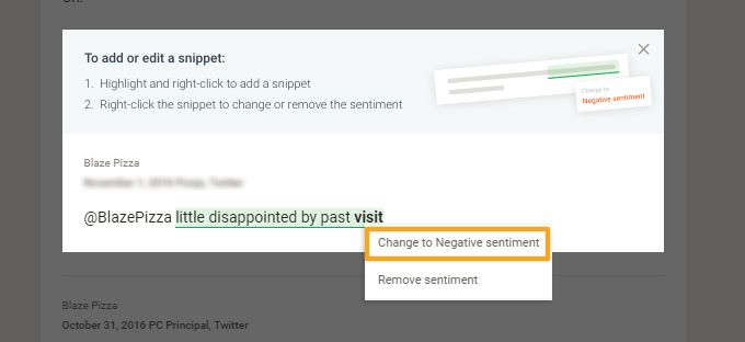 Sentiment snippet editor highlighting “little disappointed by past visit,” with options to change it to negative sentiment or remove it.