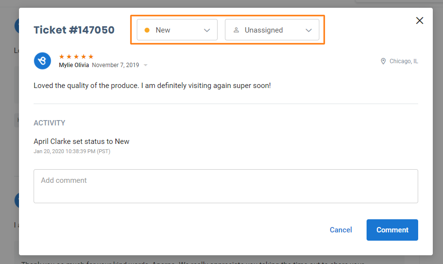 Birdeye ticket #147050 for a five-star review, with New status, Unassigned owner, activity history, comment field, and Comment button.