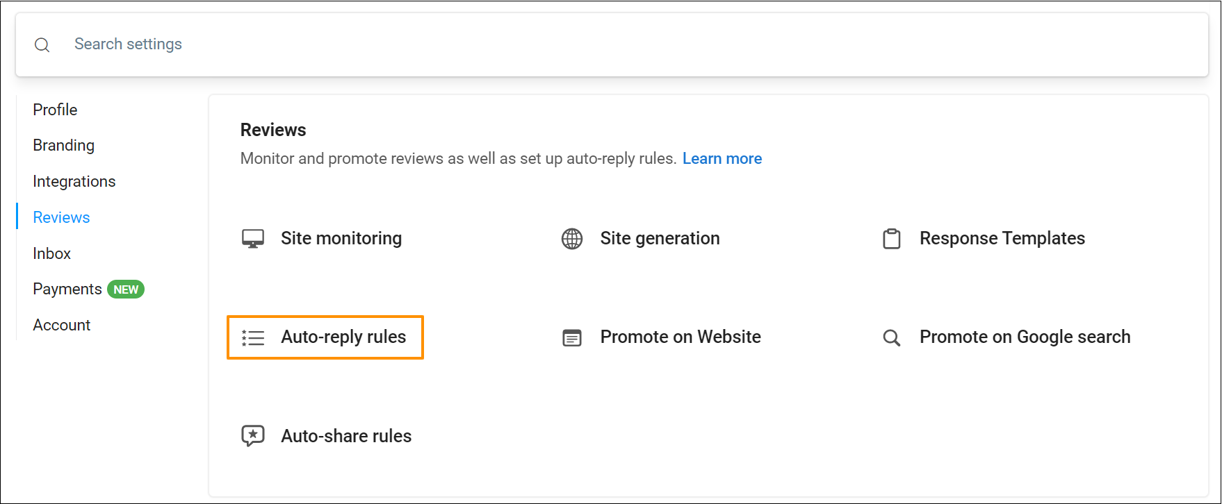 BrightLocal Reviews settings showing options for site monitoring, site generation, response templates, auto-reply rules, and review promotion.
