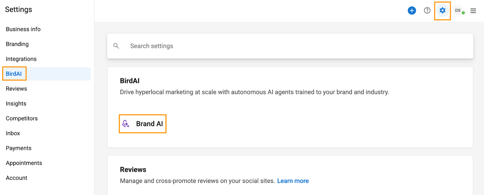 Birdeye Settings page with BirdAI selected and a Brand AI option described as AI agents trained to a brand and industry.
