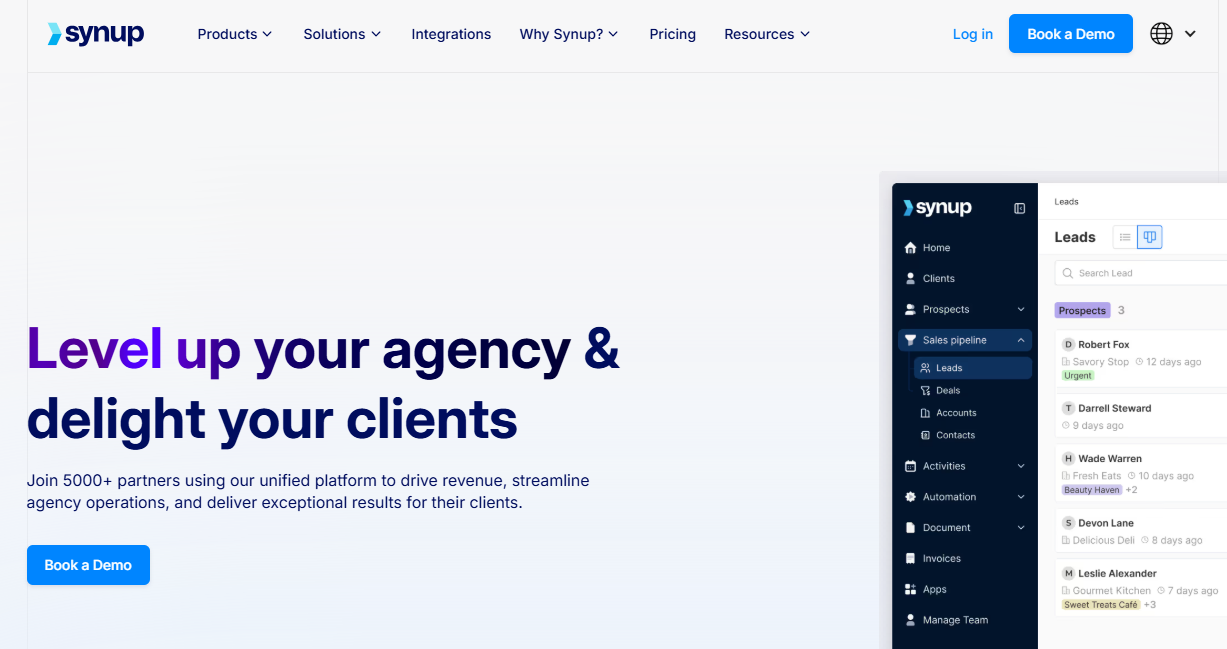 Synup homepage with agency-focused headline, Book a Demo buttons, and a sales pipeline dashboard preview.