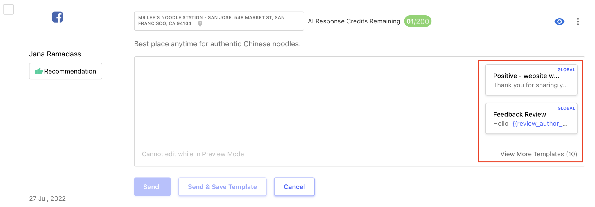 Facebook recommendation response screen showing AI response credits remaining at 01/200 and two global response templates.