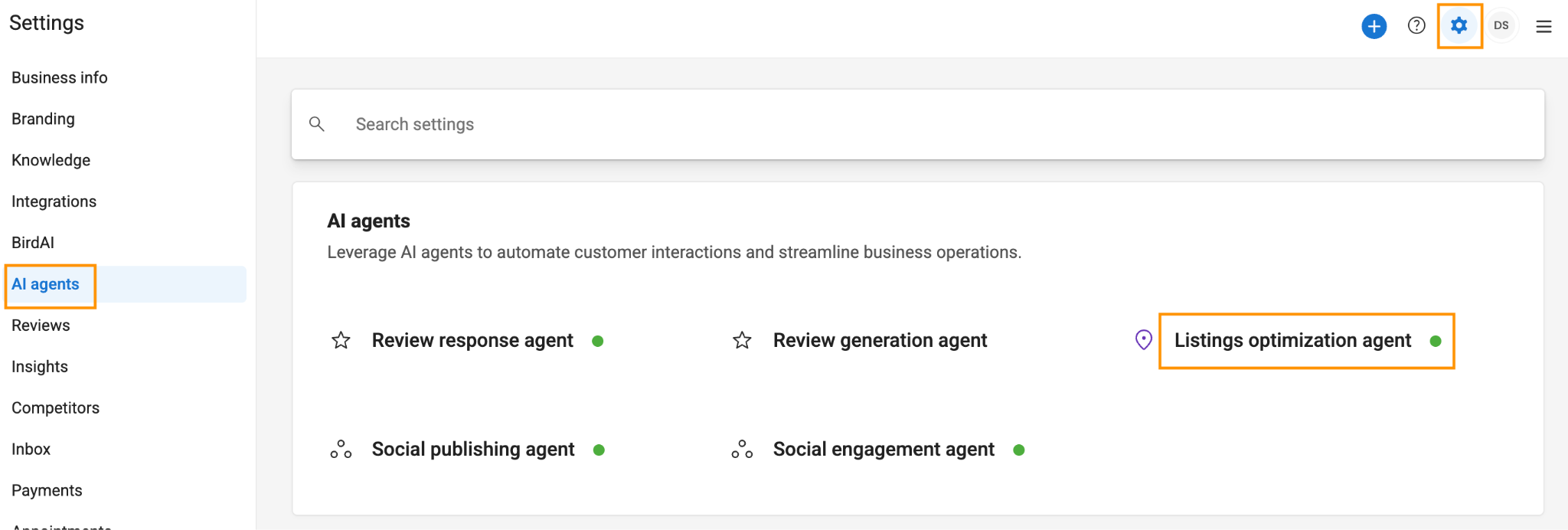 Birdeye Settings page listing agents for review response, review generation, listings optimization, social publishing, and social engagement.