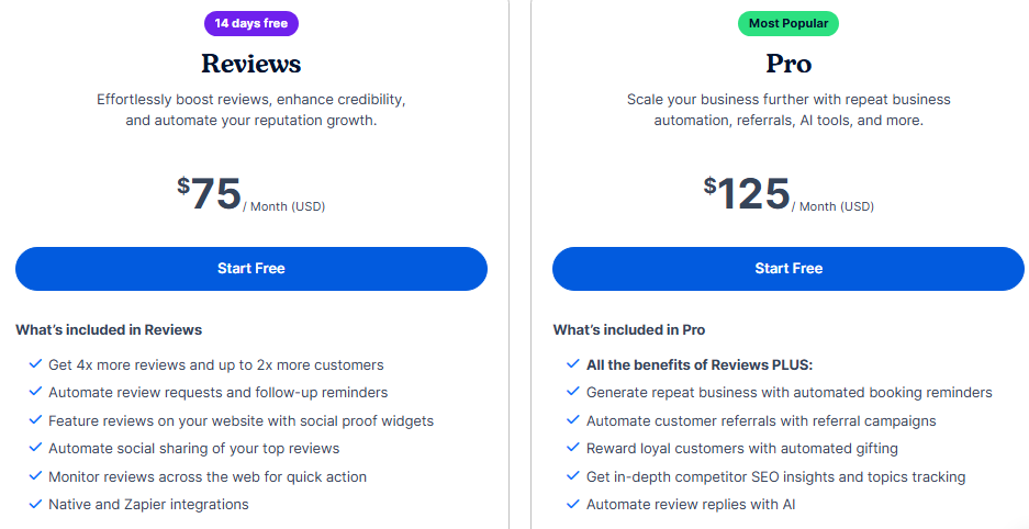 NiceJob pricing cards showing Reviews at $75 per month and Pro at $125 per month, with included features and Start Free buttons.
