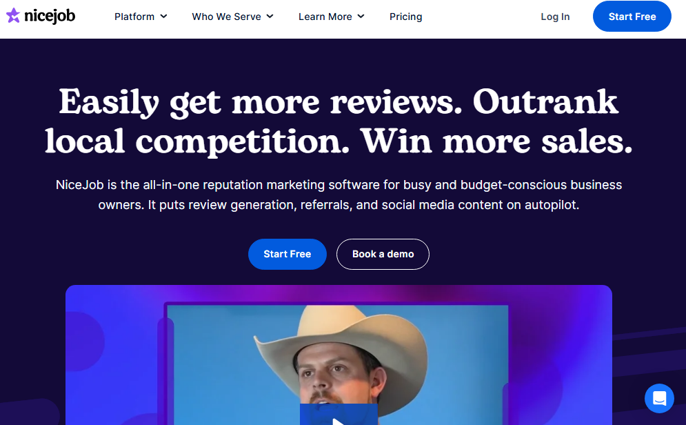 NiceJob homepage promoting reviews, local search rankings, referrals, and social media content, with Start Free and Book a demo buttons.