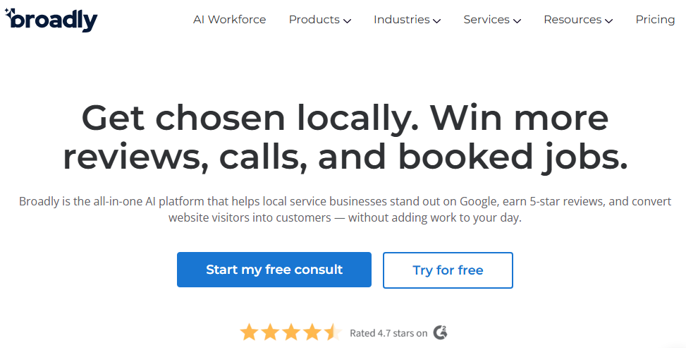 Broadly homepage promising more reviews, calls, and booked jobs, with free consultation and free-trial buttons.