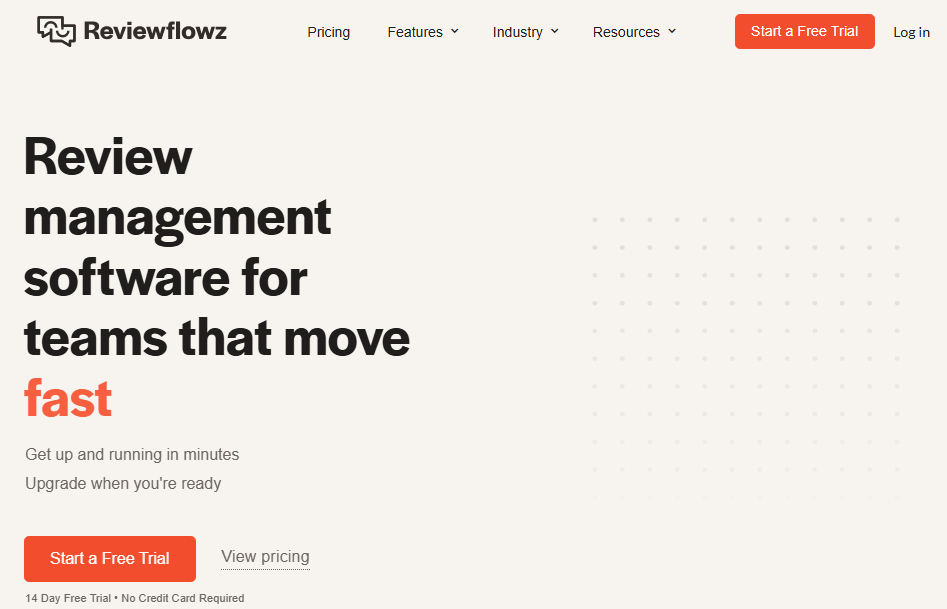 Reviewflowz homepage presenting review management software for fast-moving teams.