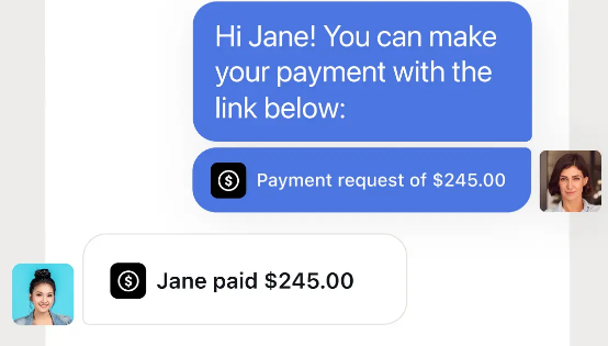 Text-message payment exchange showing a $245 payment request followed by confirmation that Jane paid $245.