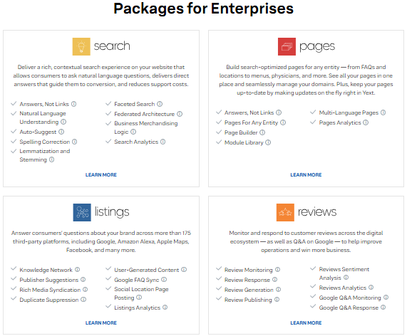 Yext enterprise package grid for Search, Pages, Listings and Reviews, with feature lists including review response and sentiment analysis.