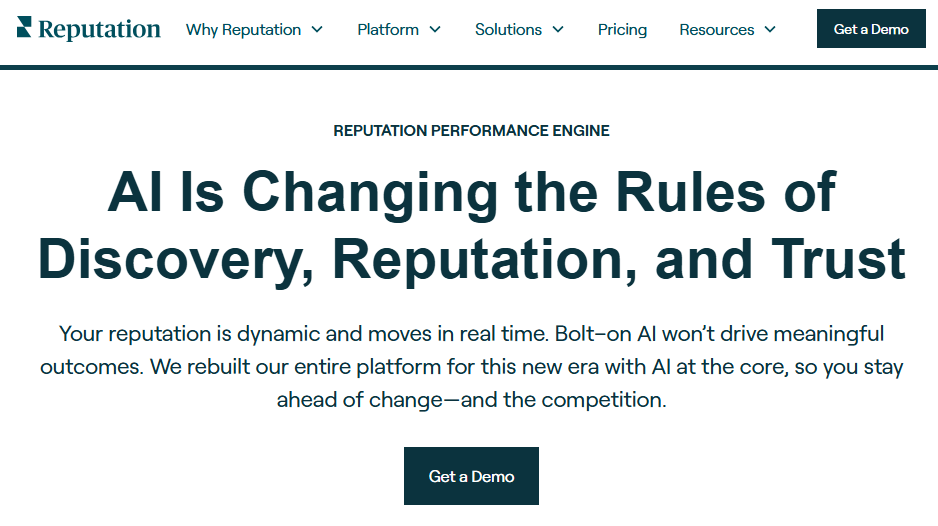 Reputation homepage hero with the headline “AI Is Changing the Rules of Discovery, Reputation, and Trust” and a Get a Demo button.