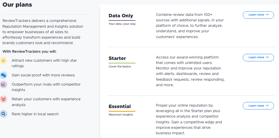 ReviewTrackers plans page listing Data Only, Starter, and Essential tiers with review data, monitoring, response, analytics, and competitor features.
