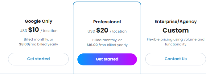 LocalClarity pricing: Google Only at $10 per location monthly, Professional at $20, and Enterprise/Agency with custom pricing.
