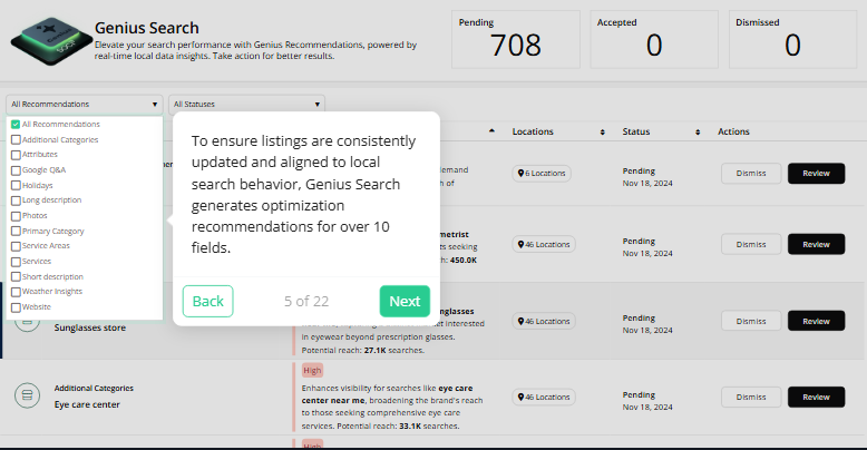 Genius Search recommendations dashboard with 708 pending items, filters, location rows, Review buttons, and a tour popup describing optimization across 10 fields.